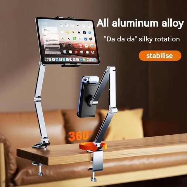 Alt view image 3 of 7 - Rotatable Holder Stand Tablet Holder Multi-Angle Design Phone Clip Swivel Mount Desktop Aluminum Alloy Cantilever Bed Desk Home Live Folding Bracket Compatible with 4"-13" Phone Tablet (Gray)