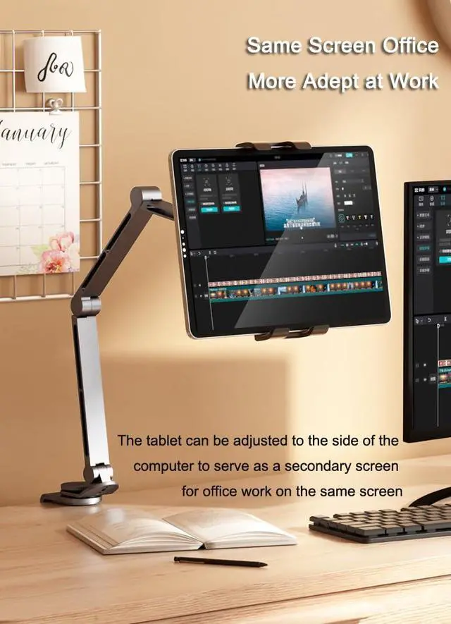 Alt view image 6 of 7 - Rotatable Holder Stand Tablet Holder Multi-Angle Design Phone Clip Swivel Mount Desktop Aluminum Alloy Cantilever Bed Desk Home Live Folding Bracket Compatible with 4"-13" Phone Tablet (Gray)