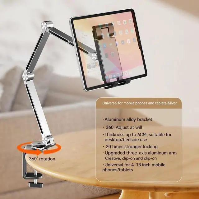 Alt view image 2 of 7 - Rotatable Holder Stand Tablet Holder Multi-Angle Design Phone Clip Swivel Mount Desktop Aluminum Alloy Cantilever Bed Desk Home Live Folding Bracket Compatible with 4"-13" Phone Tablet (Silver)
