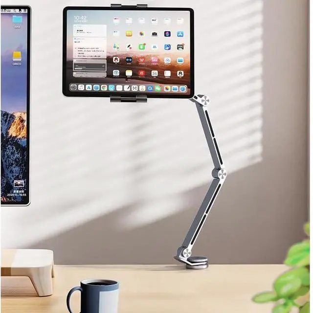 Alt view image 7 of 7 - Rotatable Holder Stand Tablet Holder Multi-Angle Design Phone Clip Swivel Mount Desktop Aluminum Alloy Cantilever Bed Desk Home Live Folding Bracket Compatible with 4"-13" Phone Tablet (Silver)
