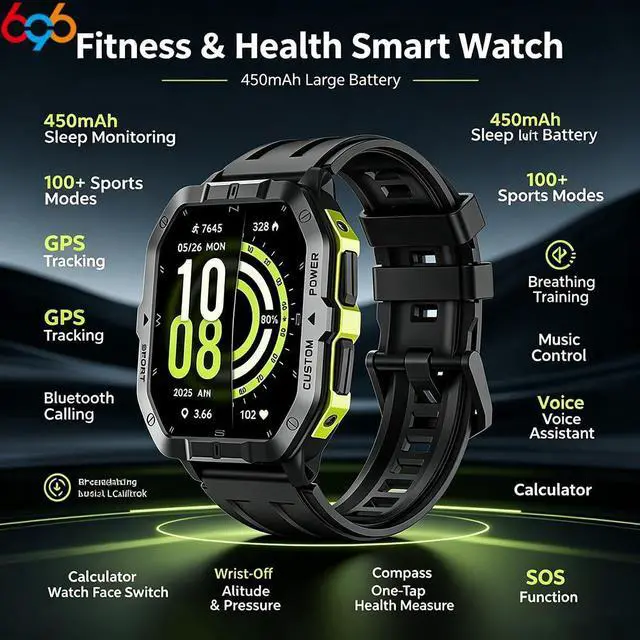 Alt view image 4 of 7 - Outdoor GPS Smart Watch 2.02" HD Big Screen Fitness Tracker for Android iPhone (Green)