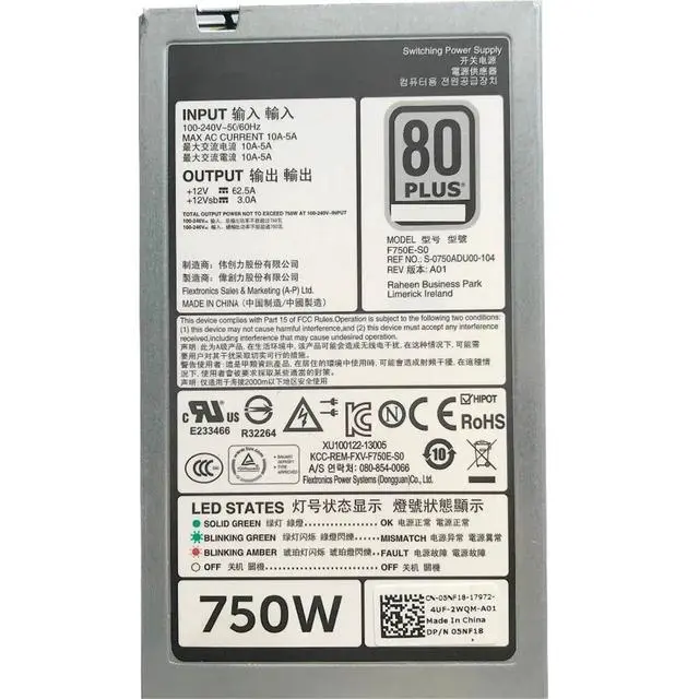 Alt view image 3 of 3 - 5NF18 05NF18 for R620 520 720 820 920 T420 750W Power Supply E750E-S0 DPS-750AB-29 A F750E-S0 D750E-S1/S3
