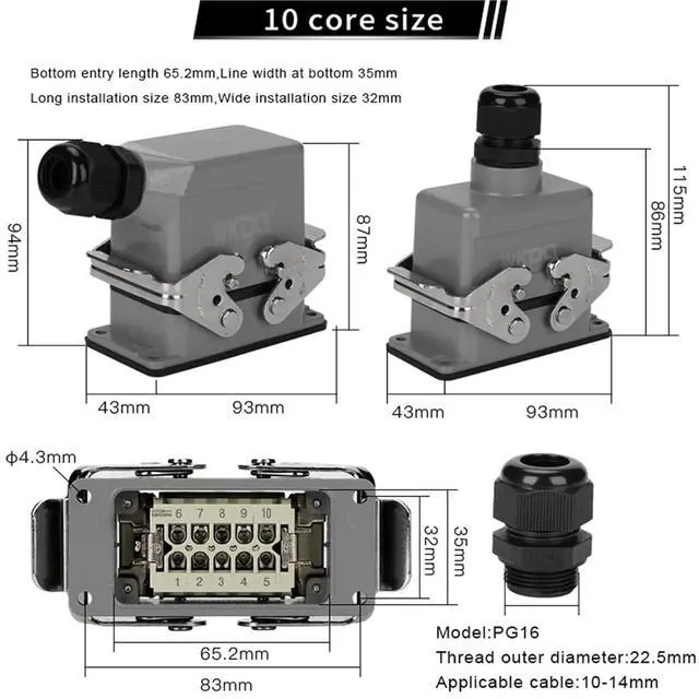 Alt view image 3 of 7 - 1pcs Heavy Duty Power Connectors HDC HE 10 Inserts 500V 16A Contact Screw Crimp Industrial Rectangular Hood Top/Side Entry HDC-HE-010(Top Entry)