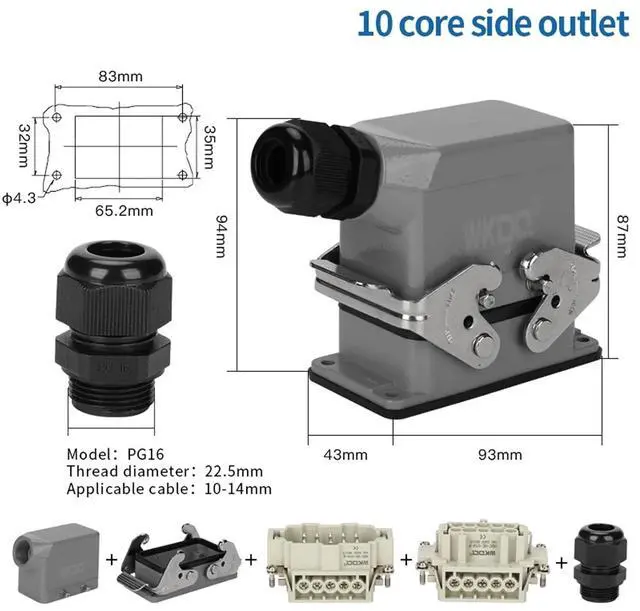 Alt view image 4 of 7 - 1pcs Heavy Duty Power Connectors HDC HE 10 Inserts 500V 16A Contact Screw Crimp Industrial Rectangular Hood Top/Side Entry HDC-HE-010(Top Entry)