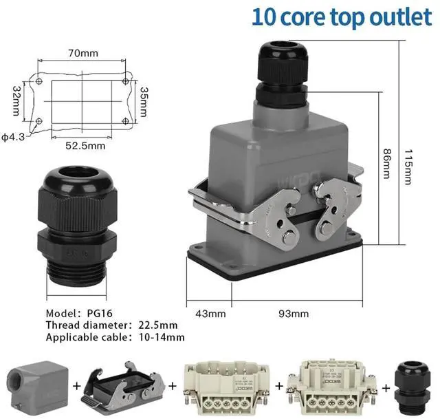 Alt view image 5 of 7 - 1pcs Heavy Duty Power Connectors HDC HE 10 Inserts 500V 16A Contact Screw Crimp Industrial Rectangular Hood Top/Side Entry HDC-HE-010(Top Entry)