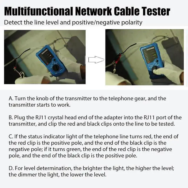 Alt view image 4 of 7 - Network Cable Tester, Multifunction Digital Signal Cable Toner, Cat5 Cat6 Ethernet LAN Network Wire Tracer with Probe Tone, RJ11 RJ45 Telephone Line Tester for Line Continuity Metal Wire Detector