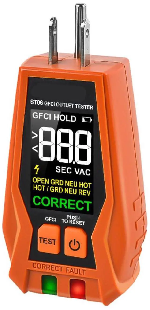 Main image of ST06 Outlet Tester, GFCI Tester, Standard 3-Wire 120V AC Voltage Tester Electrical Outlet Receptacle Tester, with Color LCD Screen & LED Indicator Lights