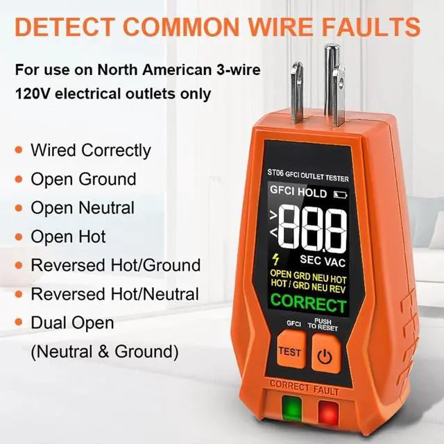Alt view image 2 of 7 - ST06 Outlet Tester, GFCI Tester, Standard 3-Wire 120V AC Voltage Tester Electrical Outlet Receptacle Tester, with Color LCD Screen & LED Indicator Lights