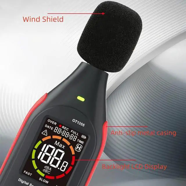 Alt view image 4 of 7 - Sound Decibel Meter, Digital Decibel Meter with Data Logging, Rechargeable A/C Weighted Sound Noise Level Meter Recorder with 3-Color Light Alarm & Backlight LCD Display 31,000 Data Record & Export