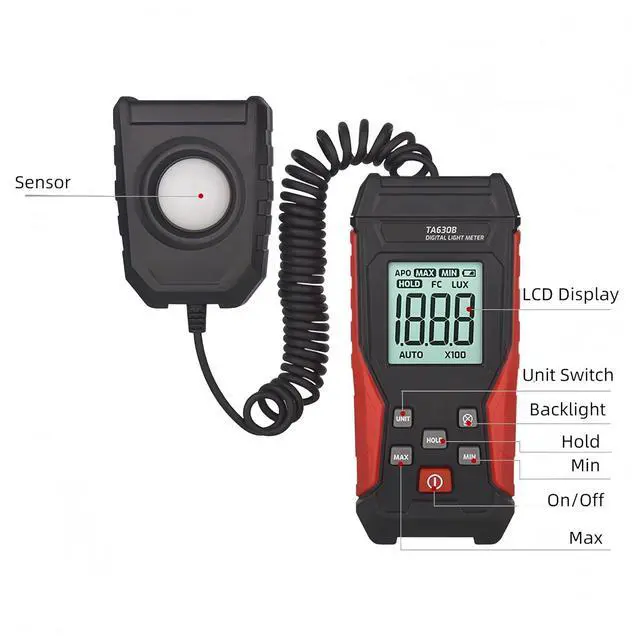 Alt view image 5 of 7 - Digital Light Meter, 200-200,000 Lux Photography Light Illuminance Meter, Handheld Lumens LED Brightness Tester with Flexible Corded Sensor & Backlight LCD Display LUX/FC