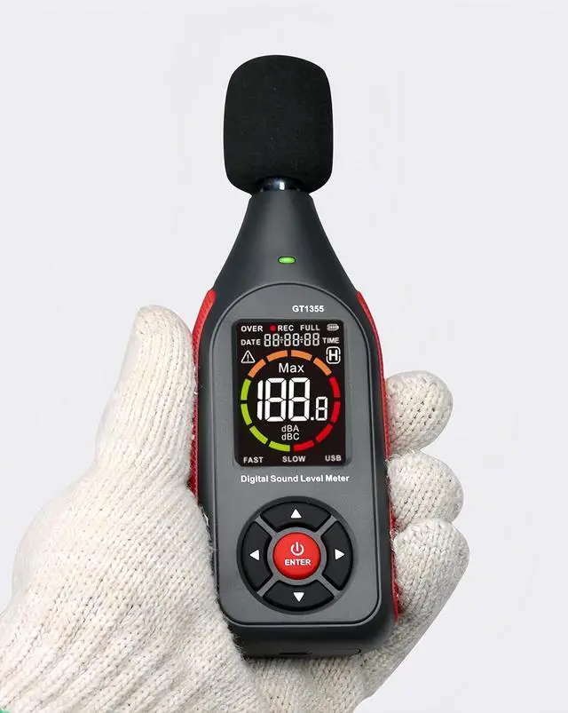 Alt view image 6 of 7 - Sound Decibel Meter, Digital Decibel Meter with Data Logging, Rechargeable A/C Weighted Sound Noise Level Meter Recorder with 3-Color Light Alarm & Backlight LCD Display 31,000 Data Record & Export