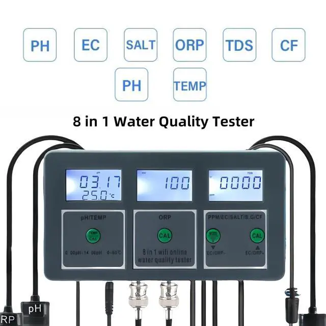 Alt view image 2 of 7 - 8 in 1 Water Quality Tester, Tuya WiFi Smart Water Quality Meter, DC 6V Wall Mount Digital Aquarium Water Monitor for Fish Tank Hydroponics Labs PH/S.G/EC/Salt/ORP/TDS/CF/Temp