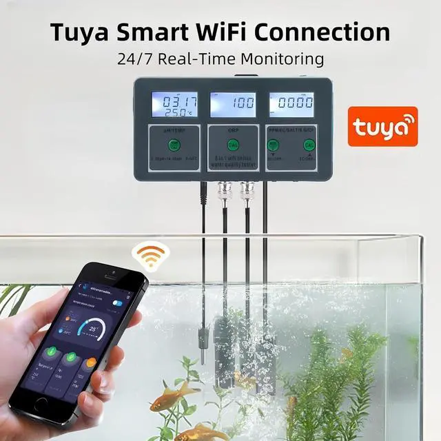 Alt view image 3 of 7 - 8 in 1 Water Quality Tester, Tuya WiFi Smart Water Quality Meter, DC 6V Wall Mount Digital Aquarium Water Monitor for Fish Tank Hydroponics Labs PH/S.G/EC/Salt/ORP/TDS/CF/Temp