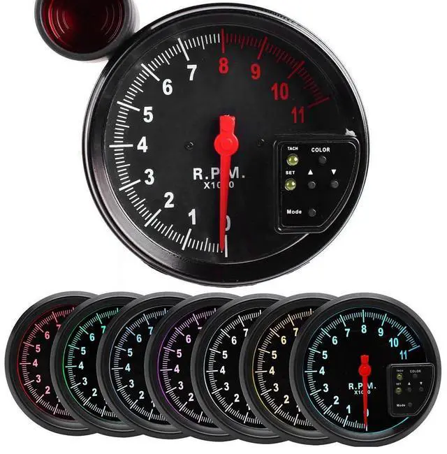 Alt view image 2 of 7 - 5 Inch Tachometer, 11000 RPM Gauge with Shift Light, 7 Color Backlight, Peak Sound LED Flash Warning, for Motorcycle & Automotive Replacement
