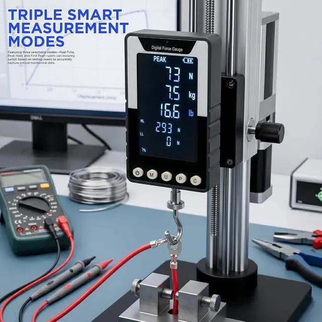 Alt view image 4 of 7 - 1000N Digital Force Gauge, N/Kg/Lb Units Push/Pull Gauge, Compression Tester, Tension Push Pull Force Meter Scale, with USB Output, Battery-Powered