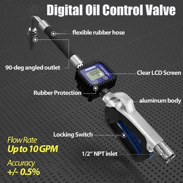 Alt view image 3 of 7 - Air Operated Oil Control Valve, Digital Flow Meter Oil Metering Gun, 10 GPM 1500 PSI Heavy Duty Engine Motor Oil Dispenser Nozzle, 1/2 inch NPT Inlet