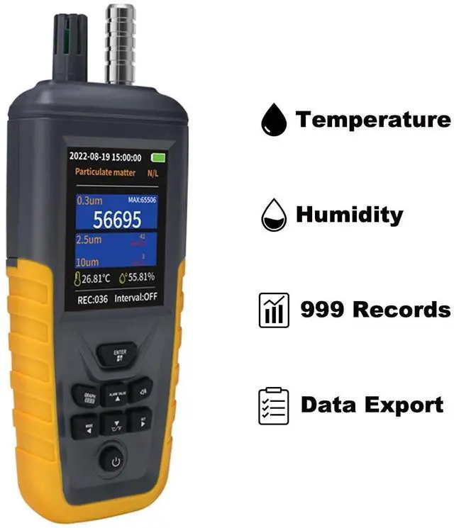 Alt view image 3 of 7 - Air Quality Monitor, PM0.3/2.5/10 Dust Particle Counter, High Sensitivity 3-Channel Air Quality Tester, Temperature & Humidity Meter, Data Storage/Transfer, Tripod Mount