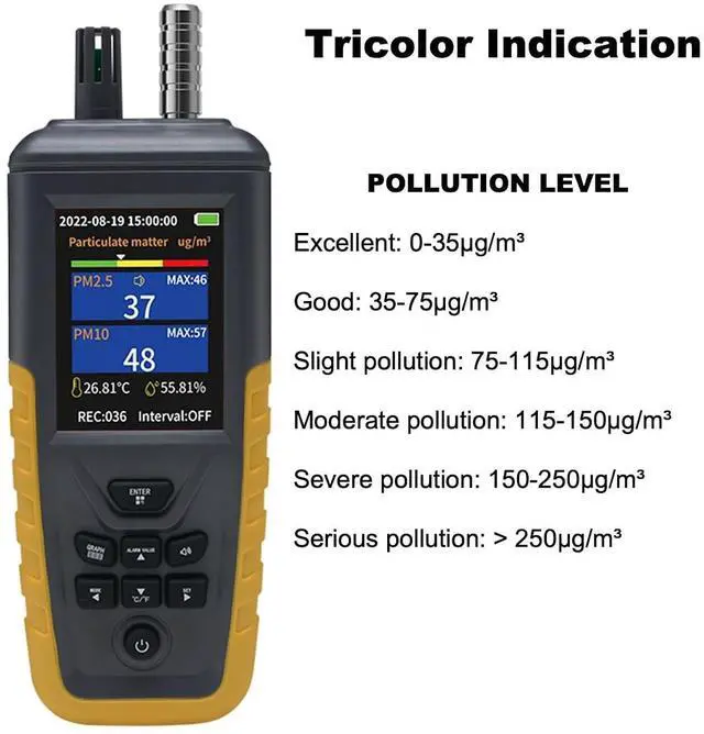 Alt view image 5 of 7 - Air Quality Monitor, PM0.3/2.5/10 Dust Particle Counter, High Sensitivity 3-Channel Air Quality Tester, Temperature & Humidity Meter, Data Storage/Transfer, Tripod Mount