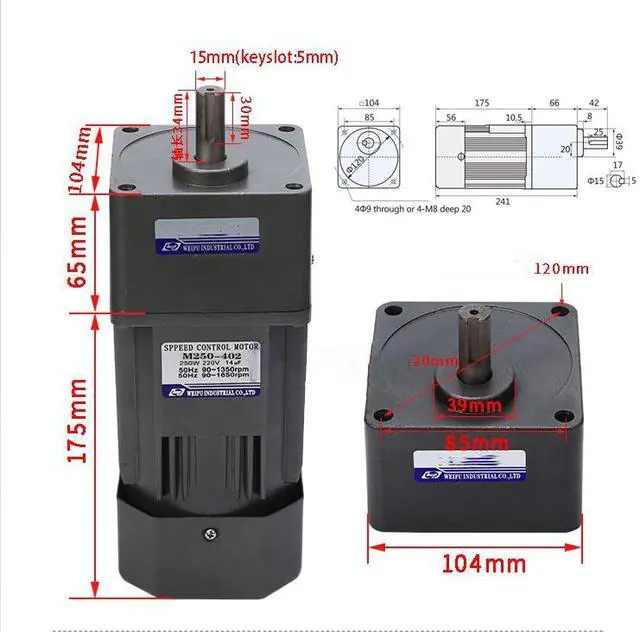 Alt view image 6 of 7 - High Torque AC Motor + Speed Controller + Gear Box, 250W Single Phase Electric Motor with Gearbox, Variable Speed Motor, Reversible Gear Motor with Control Box, 110V Geared Motor