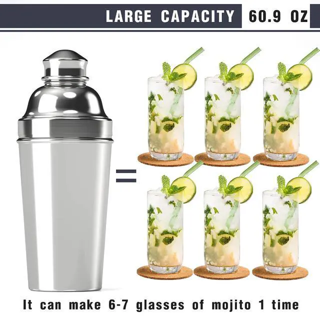 Alt view image 4 of 6 - 60oz Cocktail Shaker, Stainless Steel Large Drink Mixer Shaker with Cocktail Strainer, Zikepa Professional Shakers Bartending Margarita Martini