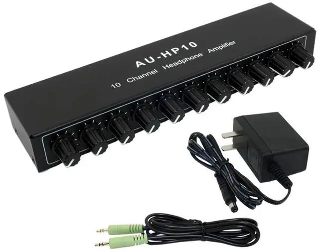 Main image of 10 Channel Headphone Amplifier Amp, Stereo Audio Headphone Splitter Distributor, Aux Mini TRS 3.5mm Audio Interface & Cable, 12V 1A Power Adapter for Audio Mix Recording Studio Stage