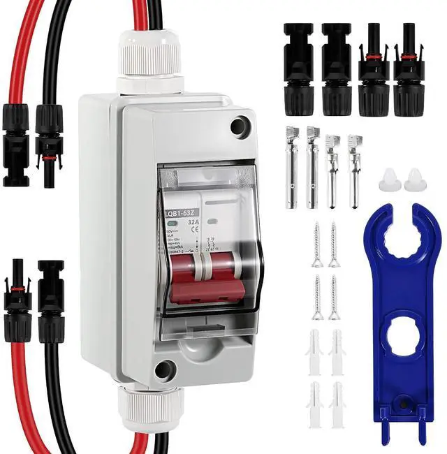 Main image of 32A Solar Disconnect Switch 12V-500V AC DC Circuit Breaker Box 2 Poles | Non-polarized PV Isolator Switch IP65 Plug & Play with MC4 Connectors for Home Outdoor RV Solar Panel Battery EV Charging