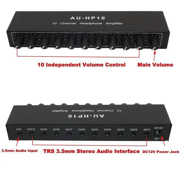 Alt view image 2 of 6 - 10 Channel Headphone Amplifier Amp, Stereo Audio Headphone Splitter Distributor, Aux Mini TRS 3.5mm Audio Interface & Cable, 12V 1A Power Adapter for Audio Mix Recording Studio Stage