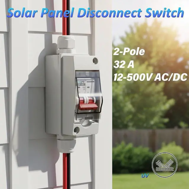 Alt view image 2 of 7 - 32A Solar Disconnect Switch 12V-500V AC DC Circuit Breaker Box 2 Poles | Non-polarized PV Isolator Switch IP65 Plug & Play with MC4 Connectors for Home Outdoor RV Solar Panel Battery EV Charging