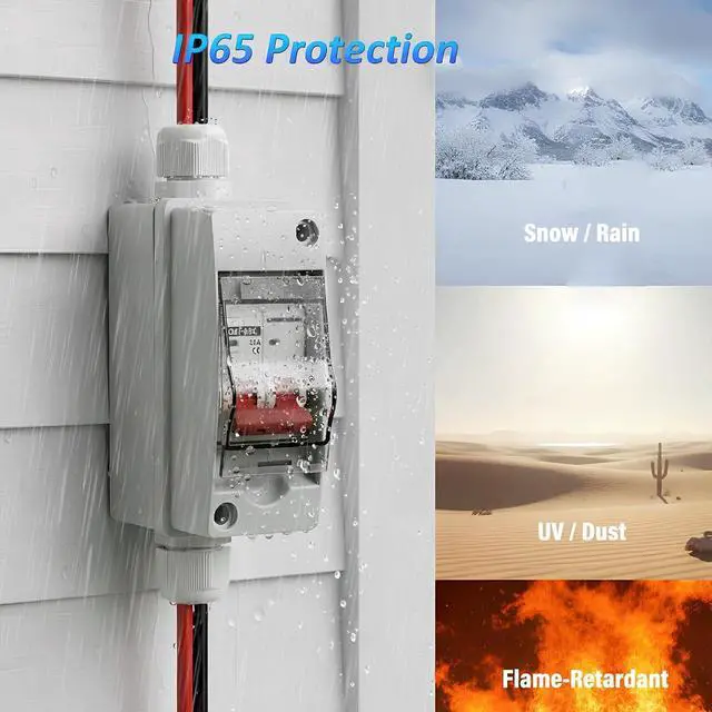 Alt view image 3 of 7 - 32A Solar Disconnect Switch 12V-500V AC DC Circuit Breaker Box 2 Poles | Non-polarized PV Isolator Switch IP65 Plug & Play with MC4 Connectors for Home Outdoor RV Solar Panel Battery EV Charging
