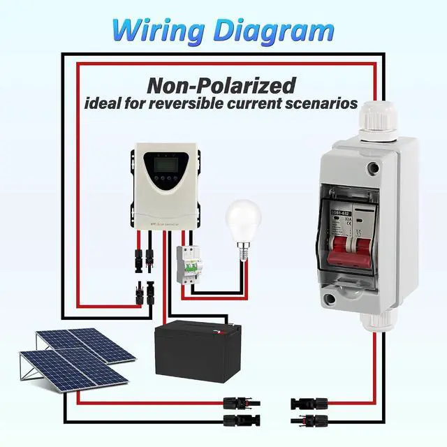 Alt view image 5 of 7 - 32A Solar Disconnect Switch 12V-500V AC DC Circuit Breaker Box 2 Poles | Non-polarized PV Isolator Switch IP65 Plug & Play with MC4 Connectors for Home Outdoor RV Solar Panel Battery EV Charging