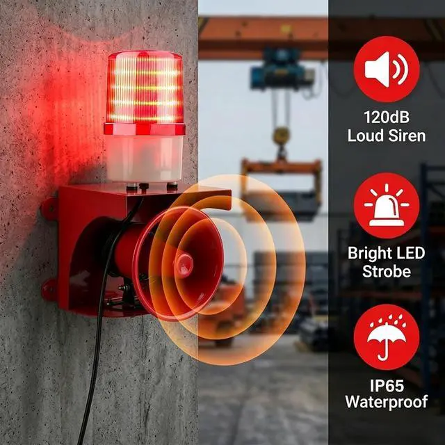 Alt view image 2 of 7 - 110V Industrial Siren Alarm Strobe Light 120dB IP65 150m Range | 24 LED, Thickened One-Piece Metal, Safety Emergency Warning for Fire Factory Warehouse Garage Intruders Farm Deterrent