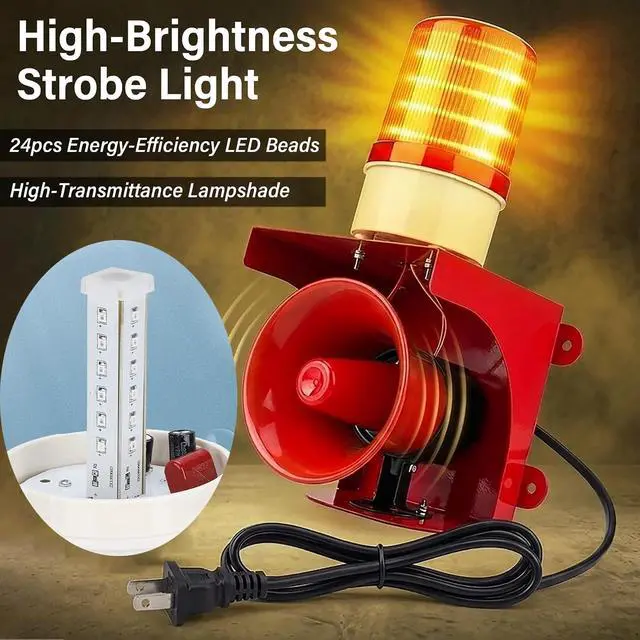 Alt view image 4 of 7 - 110V Industrial Siren Alarm Strobe Light 120dB IP65 150m Range | 24 LED, Thickened One-Piece Metal, Safety Emergency Warning for Fire Factory Warehouse Garage Intruders Farm Deterrent