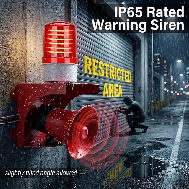 Alt view image 3 of 7 - 110V Industrial Siren Alarm Strobe Light 120dB IP65 150m Range | 24 LED, Thickened One-Piece Metal, Safety Emergency Warning for Fire Factory Warehouse Garage Intruders Farm Deterrent