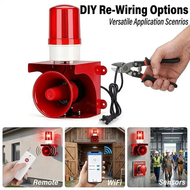 Alt view image 5 of 7 - 110V Industrial Siren Alarm Strobe Light 120dB IP65 150m Range | 24 LED, Thickened One-Piece Metal, Safety Emergency Warning for Fire Factory Warehouse Garage Intruders Farm Deterrent