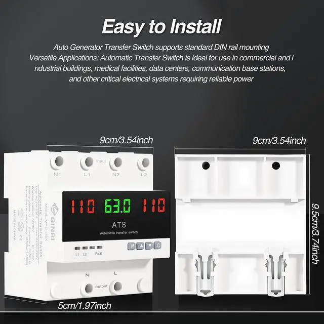 Alt view image 5 of 7 - 63A 110V Automatic Transfer Switch, Auto/Manual Generator Transfer Switch, DIN Rail Mount ATS with LED Display Safety Protections for Home Generator Inverter Utility Power L1 Priority Phase Selector