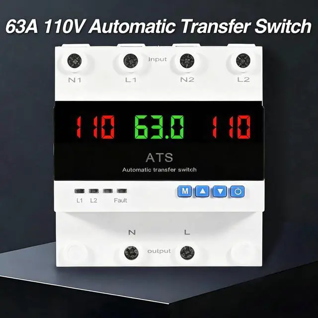 Alt view image 2 of 7 - 63A 110V Automatic Transfer Switch, Auto/Manual Generator Transfer Switch, DIN Rail Mount ATS with LED Display Safety Protections for Home Generator Inverter Utility Power L1 Priority Phase Selector