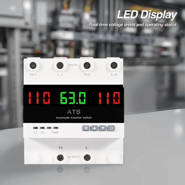 Alt view image 7 of 7 - 63A 110V Automatic Transfer Switch, Auto/Manual Generator Transfer Switch, DIN Rail Mount ATS with LED Display Safety Protections for Home Generator Inverter Utility Power L1 Priority Phase Selector