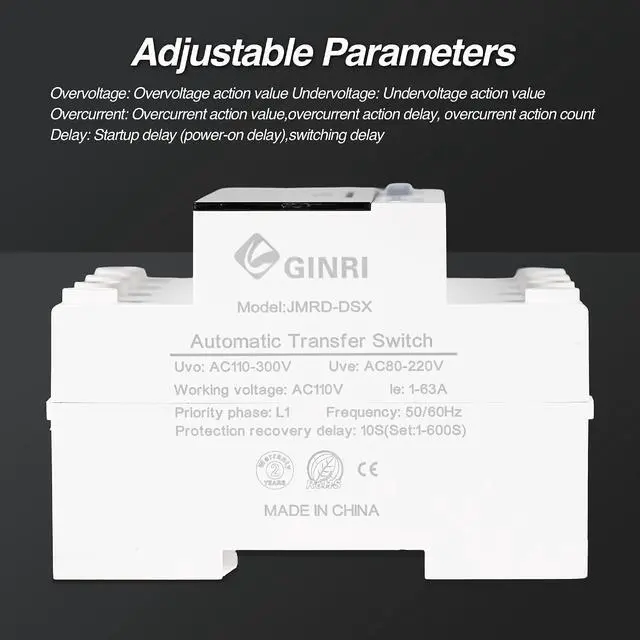 Alt view image 6 of 7 - 63A 110V Automatic Transfer Switch, Auto/Manual Generator Transfer Switch, DIN Rail Mount ATS with LED Display Safety Protections for Home Generator Inverter Utility Power L1 Priority Phase Selector