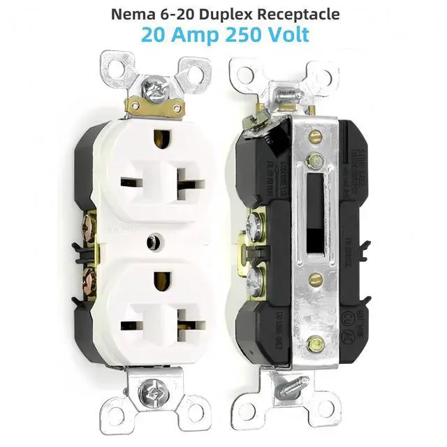 Alt view image 2 of 7 - Nema 6-20 Duplex Receptacle Outlet, 20 Amp 250 Volt Electrical White Outlets, Industrial Grade Wall Light Switch 2 Pole 3 Wire NEMA 6-20R/NEMA 6-15R (10 Pack)