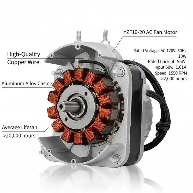 Alt view image 7 of 7 - YZF10-20 Fan Motor, AC 120V 60HZ 10/55W 0.8A 1550 r/min, Shaded Pole Condenser Fan Motor for Small Ventilation Equipment, Refrigeration Equipment, Radiator, Evaporator, Freezer