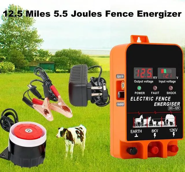 Alt view image 2 of 7 - Electric Fence Energizer, 5.5 Joules 200 Acres Electric Fence Charger, AC & DC Power Supply, Output 8KV 12KV for Cattle Cow Horse Goat Pig Livestock, with Alarm and Remote