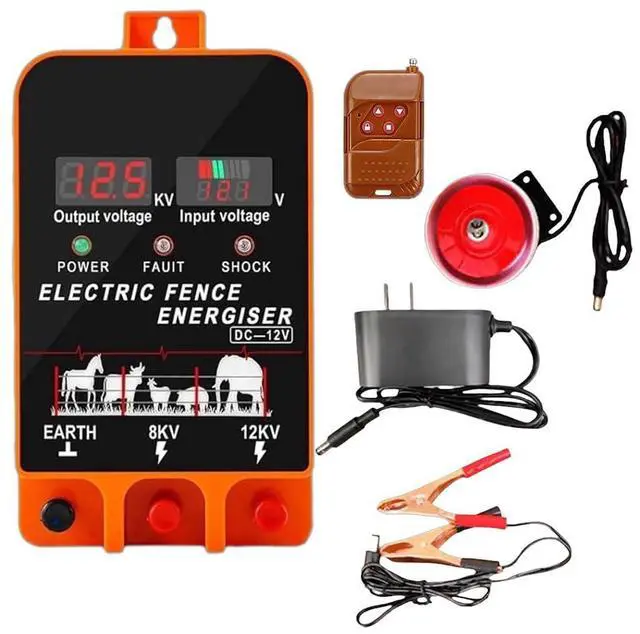 Main image of Electric Fence Energizer, 5.5 Joules 200 Acres Electric Fence Charger, AC & DC Power Supply, Output 8KV 12KV for Cattle Cow Horse Goat Pig Livestock, with Alarm and Remote