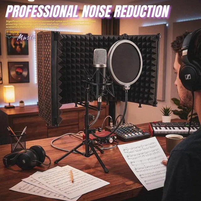 Alt view image 2 of 7 - Microphone Isolation Shield with Pop Filter & Metal Desk Tripod Mic Stand Adjustable, 5-Panel Foldable Studio Mic Isolation Shield Portable for Recording Music Singing Podcasting Studio Equipment