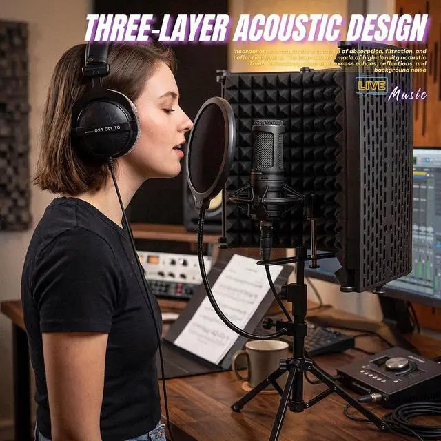 Alt view image 3 of 7 - Microphone Isolation Shield with Pop Filter & Metal Desk Tripod Mic Stand Adjustable, 5-Panel Foldable Studio Mic Isolation Shield Portable for Recording Music Singing Podcasting Studio Equipment