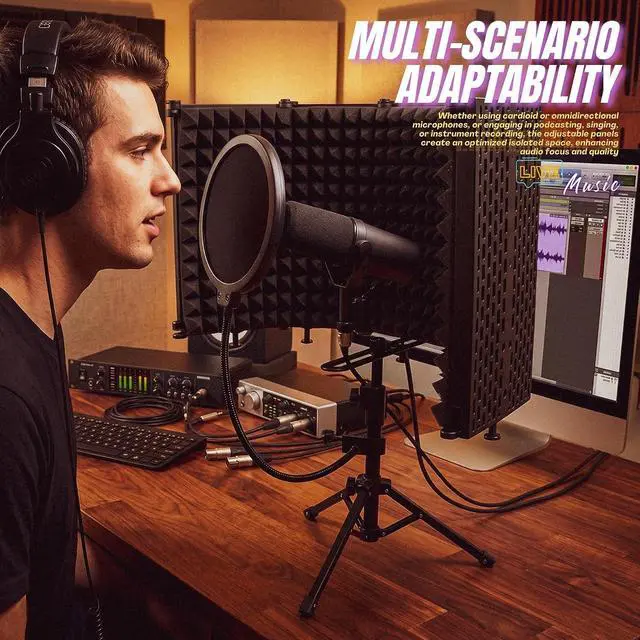 Alt view image 5 of 7 - Microphone Isolation Shield with Pop Filter & Metal Desk Tripod Mic Stand Adjustable, 5-Panel Foldable Studio Mic Isolation Shield Portable for Recording Music Singing Podcasting Studio Equipment
