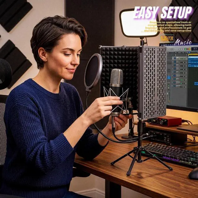 Alt view image 6 of 7 - Microphone Isolation Shield with Pop Filter & Metal Desk Tripod Mic Stand Adjustable, 5-Panel Foldable Studio Mic Isolation Shield Portable for Recording Music Singing Podcasting Studio Equipment