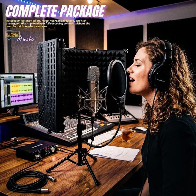 Alt view image 7 of 7 - Microphone Isolation Shield with Pop Filter & Metal Desk Tripod Mic Stand Adjustable, 5-Panel Foldable Studio Mic Isolation Shield Portable for Recording Music Singing Podcasting Studio Equipment