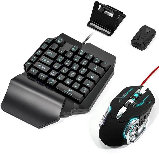 Main image of 4 in 1 Mobile Game Combo Pack, One Handed Gaming Keyboard, Mouse, Converter & Adjustable Phone Stand, Half Keyboard for Mobile Phone Gaming, Fast Charging, No Latency