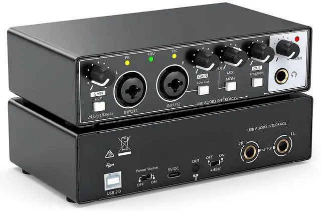 Main image of USB Audio Interface for PC Recording, 24-bit/192kHz Computer Audio Interface for Recording Music, 48V Phantom Power Music Recording Studio Equipment, for Home Studio Guitar Podcast Streaming