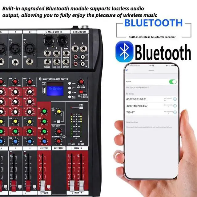 Alt view image 3 of 7 - Professional Audio Mixer, 12 Channel Bluetooth USB Live Studio DJ Mixer Board with MP3 Player U Disk 48V Phantom Power Source XLR Outputs for PC Recording, CT120